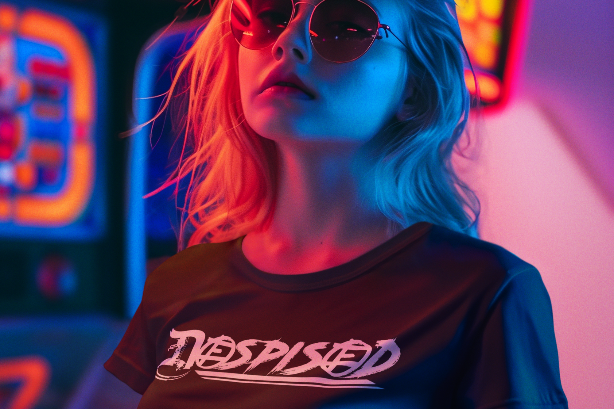 Person wearing a 'Despised' t-shirt in a neon-lit arcade setting